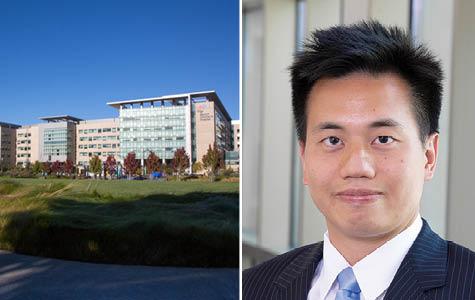Two panel image showing a photo of Benioff Children's Hospital on the left and a headshot photo of Winson Ho, MD, on the right